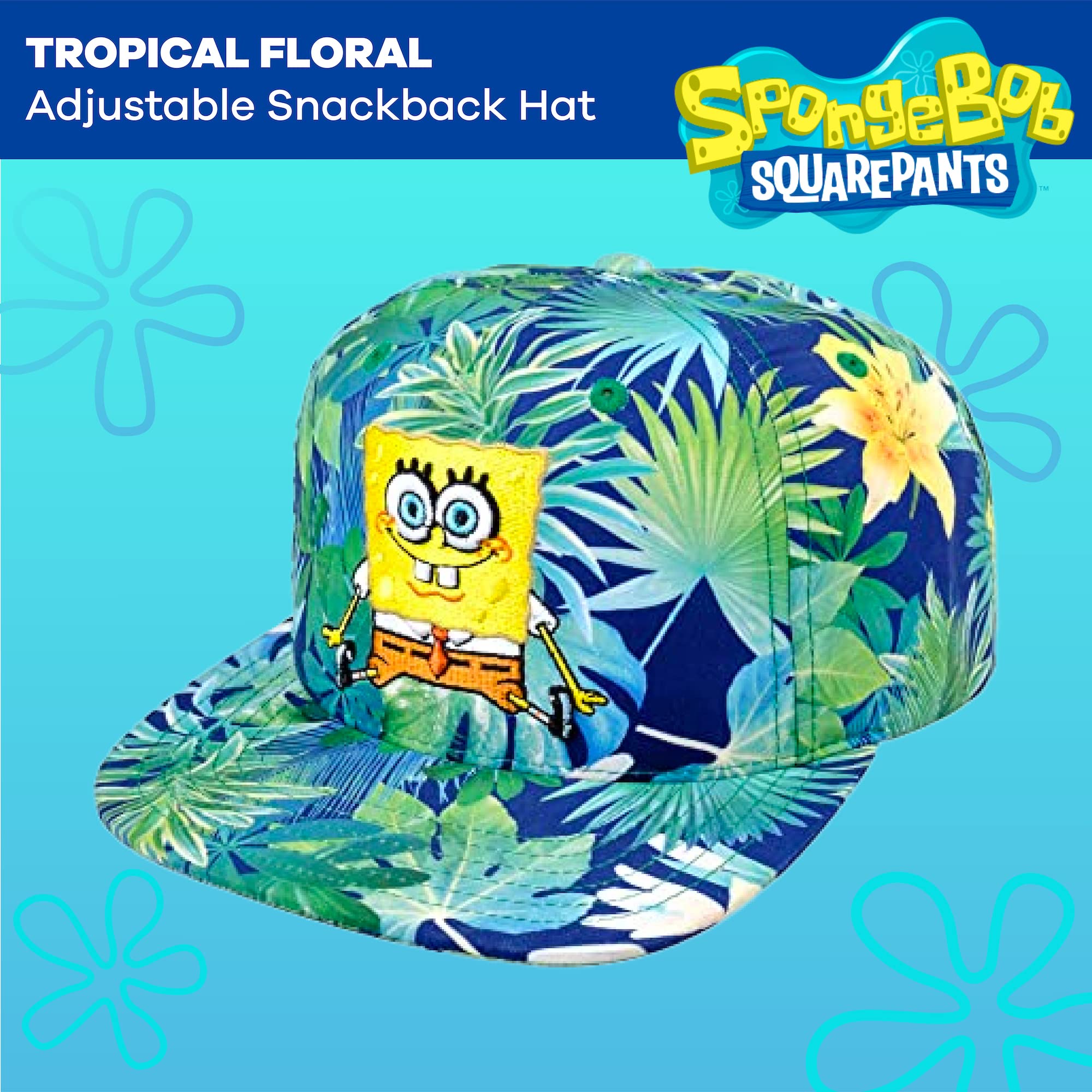 Spongebob Squarepants Baseball Cap, Tropical Floral Curved Brim Adjustable Snapback Hat, Blue and Green, One Size