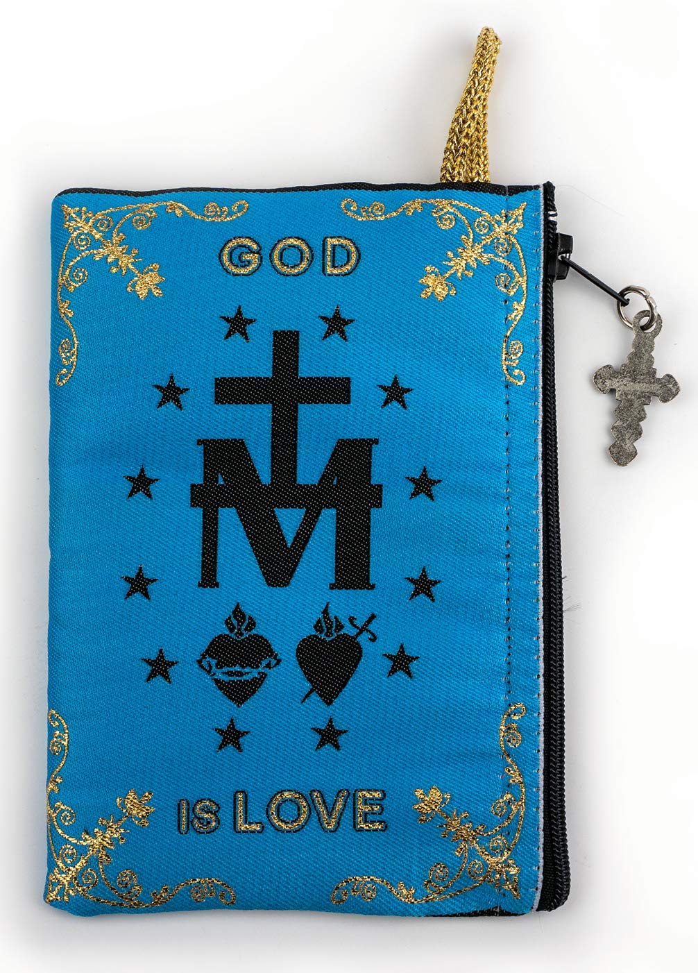 Catholic Rosary Pouch, Our Lady of Grace & Miraculous Medal Symbol, 4" x 6" Jewelry & Coin Purse with Cross, Small Woven Tapestry Icon Bag, Bolsa de Rosario Católico para Joyería