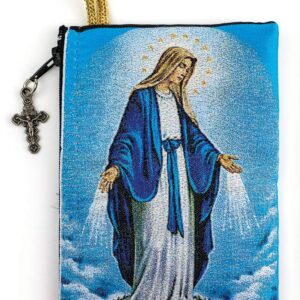 Catholic Rosary Pouch, Our Lady of Grace & Miraculous Medal Symbol, 4" x 6" Jewelry & Coin Purse with Cross, Small Woven Tapestry Icon Bag, Bolsa de Rosario Católico para Joyería