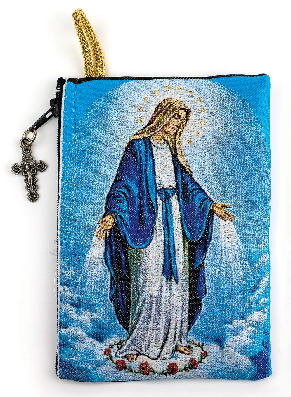 Catholic Rosary Pouch, Our Lady of Grace & Miraculous Medal Symbol, 4" x 6" Jewelry & Coin Purse with Cross, Small Woven Tapestry Icon Bag, Bolsa de Rosario Católico para Joyería