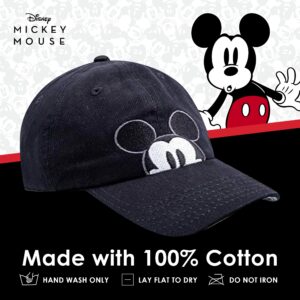 Disney Mickey Mouse Dad Hat, Peek-A-Boo Embroidered Adult Baseball Cap with Comic Strip Print Curved Brim, Black, One Size