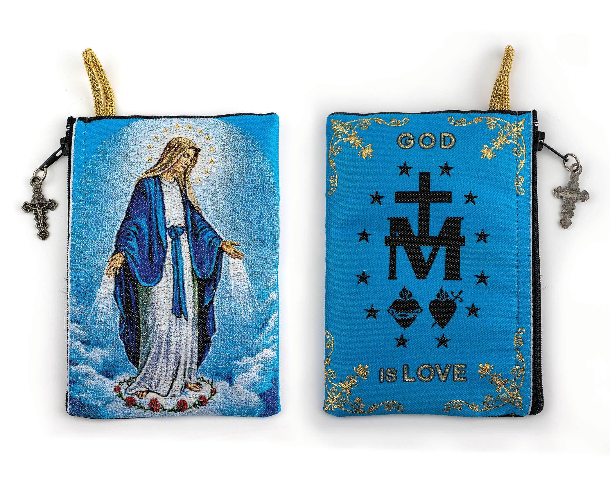 Catholic Rosary Pouch, Our Lady of Grace & Miraculous Medal Symbol, 4" x 6" Jewelry & Coin Purse with Cross, Small Woven Tapestry Icon Bag, Bolsa de Rosario Católico para Joyería