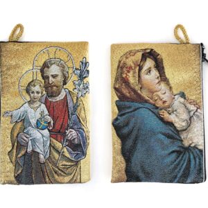 Catholic Rosary Pouch, Saint Joseph and Baby Jesus & Madonna and Child, 4" x 6" Jewelry & Coin Purse with Cross, Small Woven Tapestry Icon Bag, Bolsa de Rosario Católico para Joyería