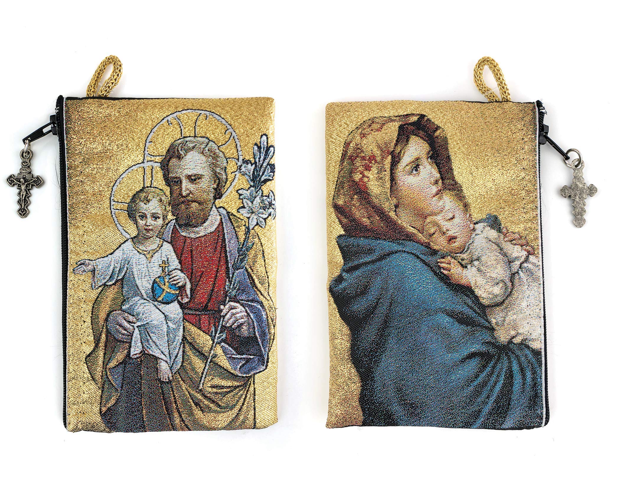 Catholic Rosary Pouch, Saint Joseph and Baby Jesus & Madonna and Child, 4" x 6" Jewelry & Coin Purse with Cross, Small Woven Tapestry Icon Bag, Bolsa de Rosario Católico para Joyería