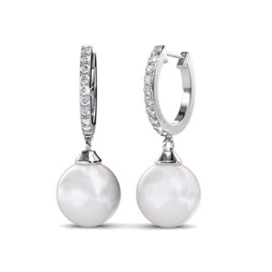 Cate & Chloe Daphne 18k White Gold Plated Dangle Pearl Earrings | Silver Hoop Pearl Earrings for Women | Drop Dangle Earring Set with Crystals, Fashion Jewelry for Women, Gift for Her