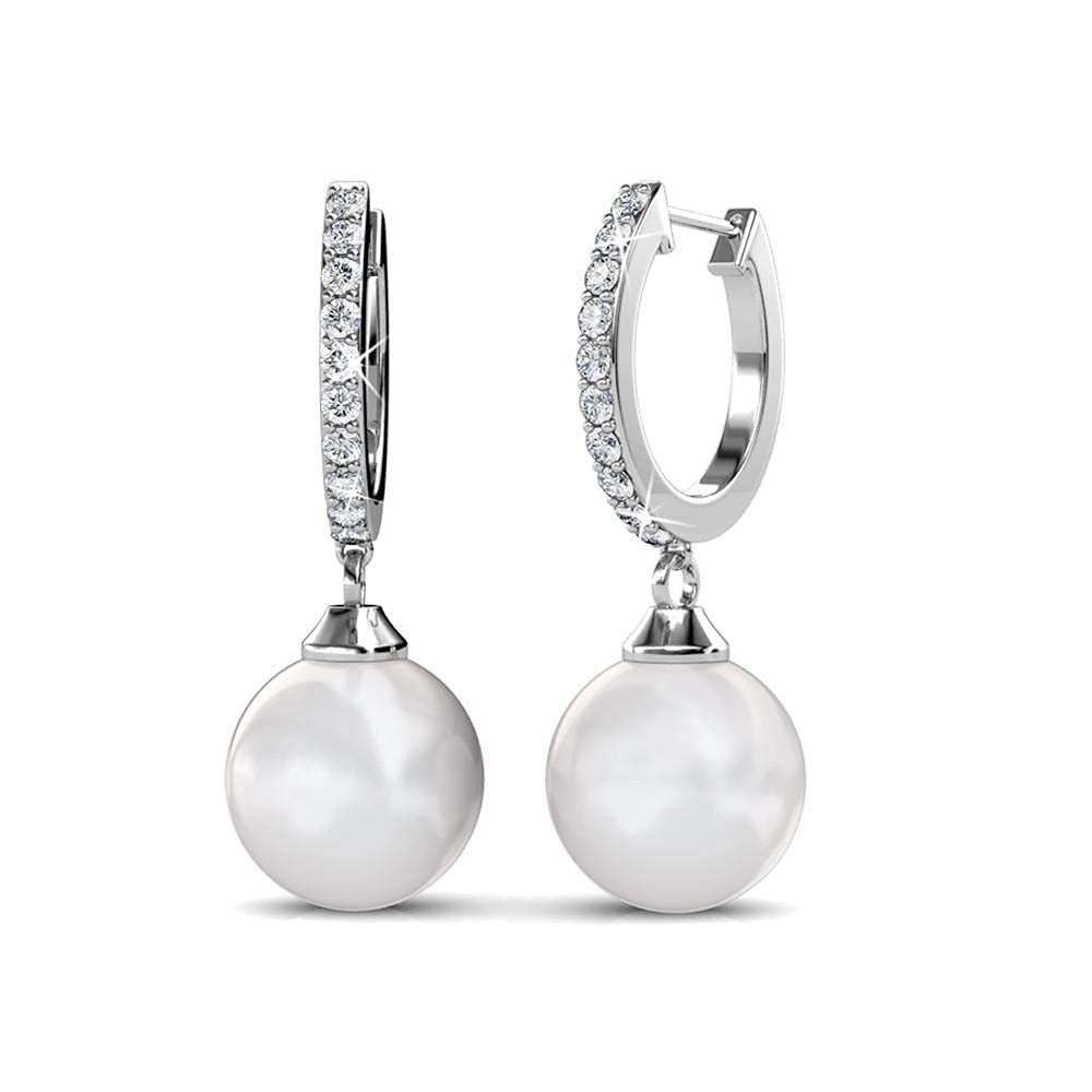 Cate & Chloe Daphne 18k White Gold Plated Dangle Pearl Earrings | Silver Hoop Pearl Earrings for Women | Drop Dangle Earring Set with Crystals, Fashion Jewelry for Women, Gift for Her