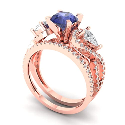 Clara Pucci 1.95 carat Round Shape 3 stone Simulated Tanzanite Wedding Anniversary Bridal Engagement Ring Band set 14k Rose Gold 6.25