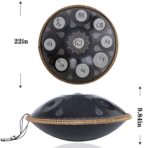 Handpan-Classic 10 Notes Black Print Hand Pan,Premium 432HZ 22 Inches D Minor Steel Handpan Drum Set,Adult's Music Steel Pan Instrument