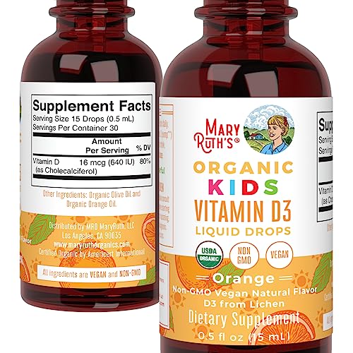 MaryRuth Organics USDA Organic Vitamin D3 Liquid Drops for Kids | 640 IU Vitamin D3 Per Serving | Kids Immune Support & Bone Health Supplement | Formulated for Ages 4-13 | 0.5oz | 30 Servings