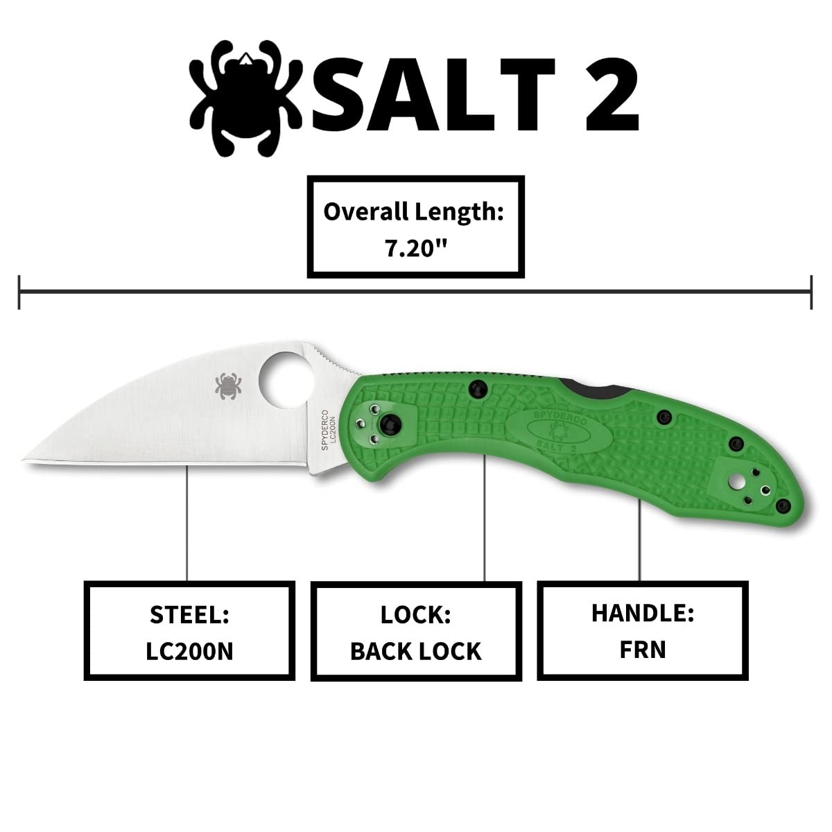 Spyderco Salt 2 Knife with Wharncliffe LC200N Steel Blade and Lightweight FRN Green Handle - PlainEdge - C88FPWCGR2