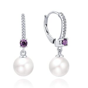 jo wisdom pearl earrings,925 sterling silver 3a cz february birthstone amethyst color 8mm pearl leverback drop earrings,jewelry for women