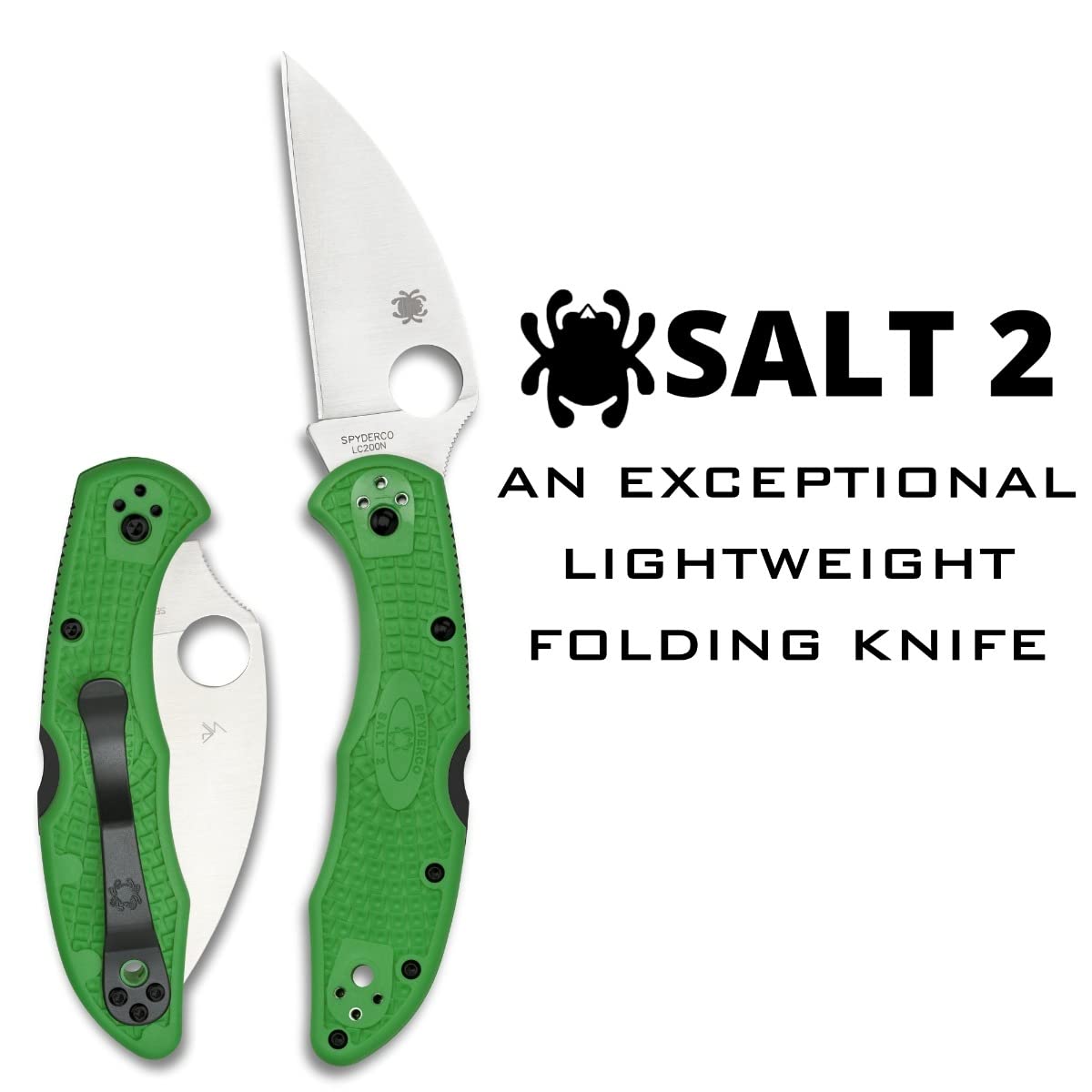 Spyderco Salt 2 Knife with Wharncliffe LC200N Steel Blade and Lightweight FRN Green Handle - PlainEdge - C88FPWCGR2