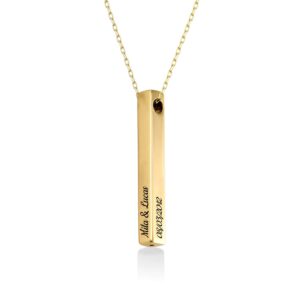 oak&luna personalized custom pillar bar necklace -3d engraved 4 sides- sterling silver 925 jewelry gift for her- mother day pendant (10k yellow gold)