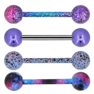 Melighting 4Pcs 14G Tongue Rings Barbells 316L Stainless Steel Tongue Bars Different Splatter Color Painting Tongue Piercings Tongue Ring with Balls for Women Men Set 16mm