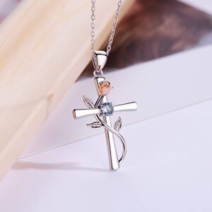 BlingGem Cross Necklaces for Women 925 Sterling Silver March Birthstone Pendant Necklaces for Women 5A Cubic Zirconia Anniversary Jewelry Birthday Mothers Gift for Women Mom Wife