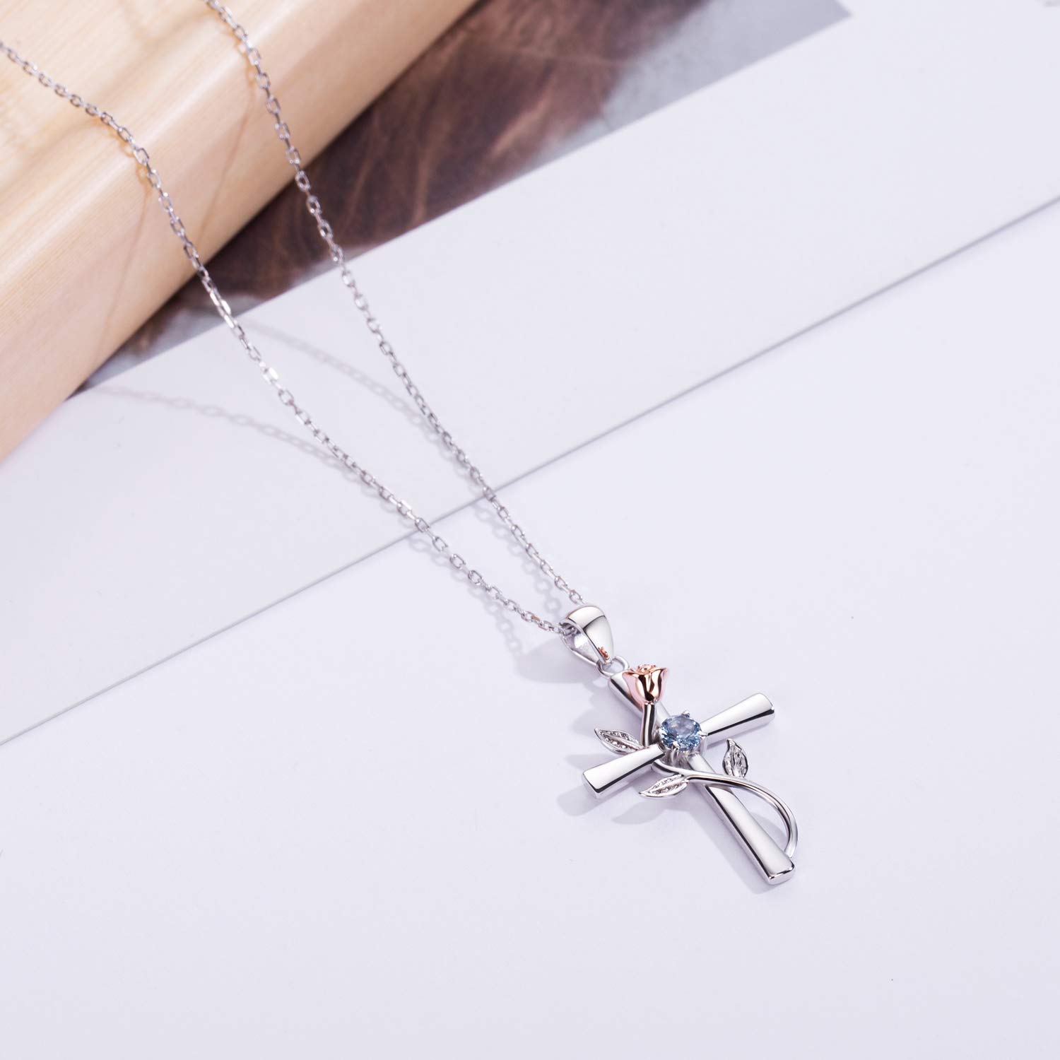 BlingGem Cross Necklaces for Women 925 Sterling Silver March Birthstone Pendant Necklaces for Women 5A Cubic Zirconia Anniversary Jewelry Birthday Mothers Gift for Women Mom Wife