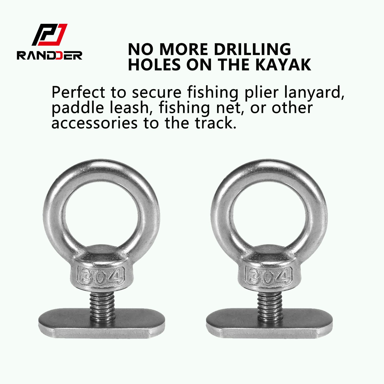 RANDDER Track Mount Kayak Tie Down Eyelet, 2 Packs Stainless Steel Eyelets with 4 Washers & 2 Nuts Kayaking Mounting Replacement Kit for Bungee Cord Rope Up to 0.6"