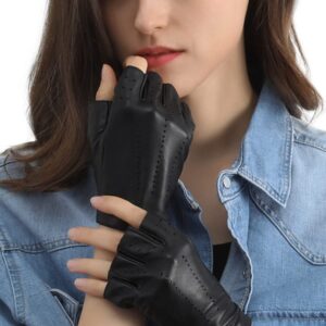 GSG Women's Driving Gloves Fingerless Leather Motorcycle Gloves Unlined Half Finger Black Medium