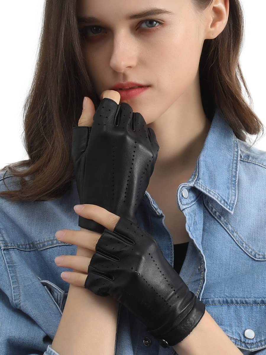 GSG Women's Driving Gloves Fingerless Leather Motorcycle Gloves Unlined Half Finger Black Medium