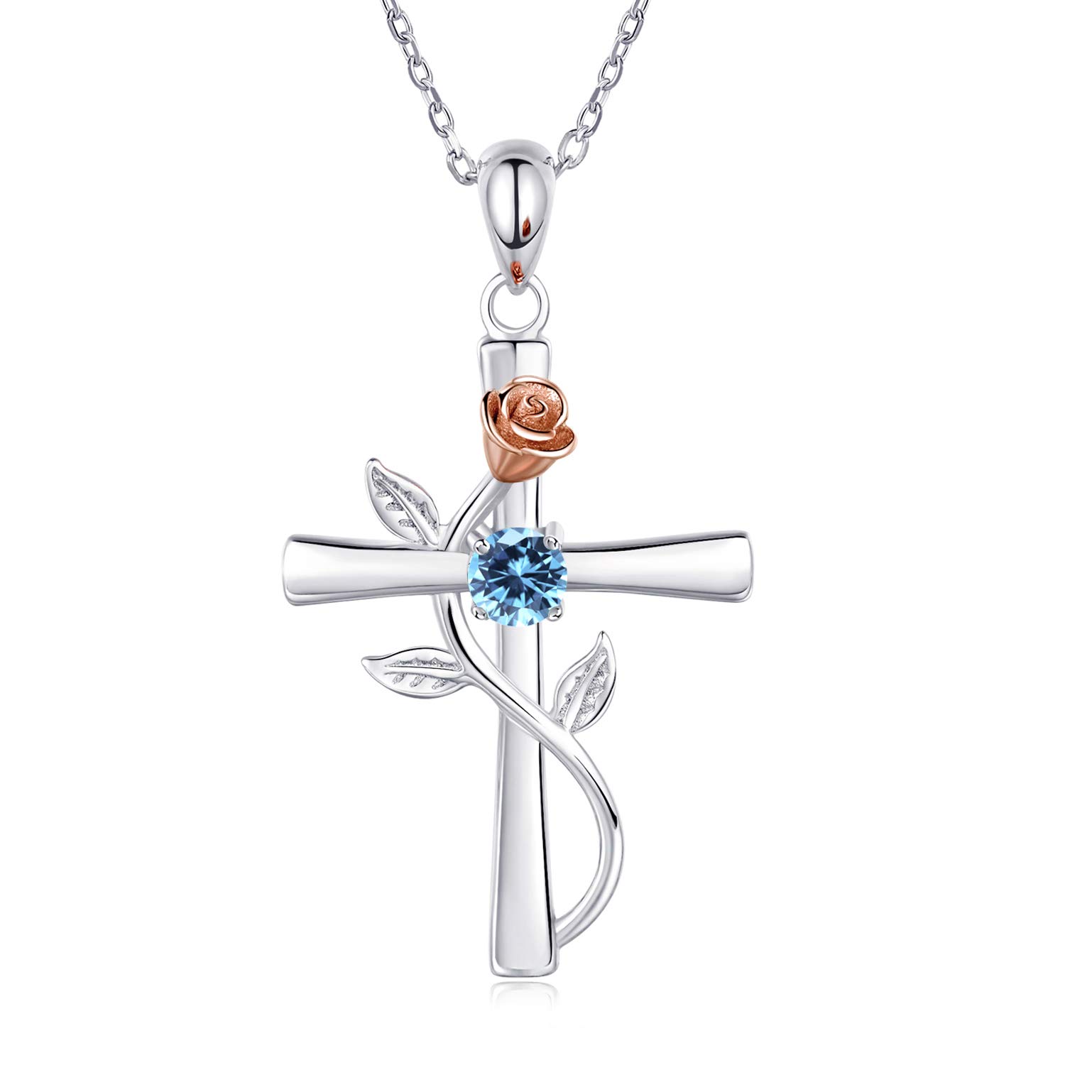 BlingGem Cross Necklaces for Women 925 Sterling Silver March Birthstone Pendant Necklaces for Women 5A Cubic Zirconia Anniversary Jewelry Birthday Mothers Gift for Women Mom Wife