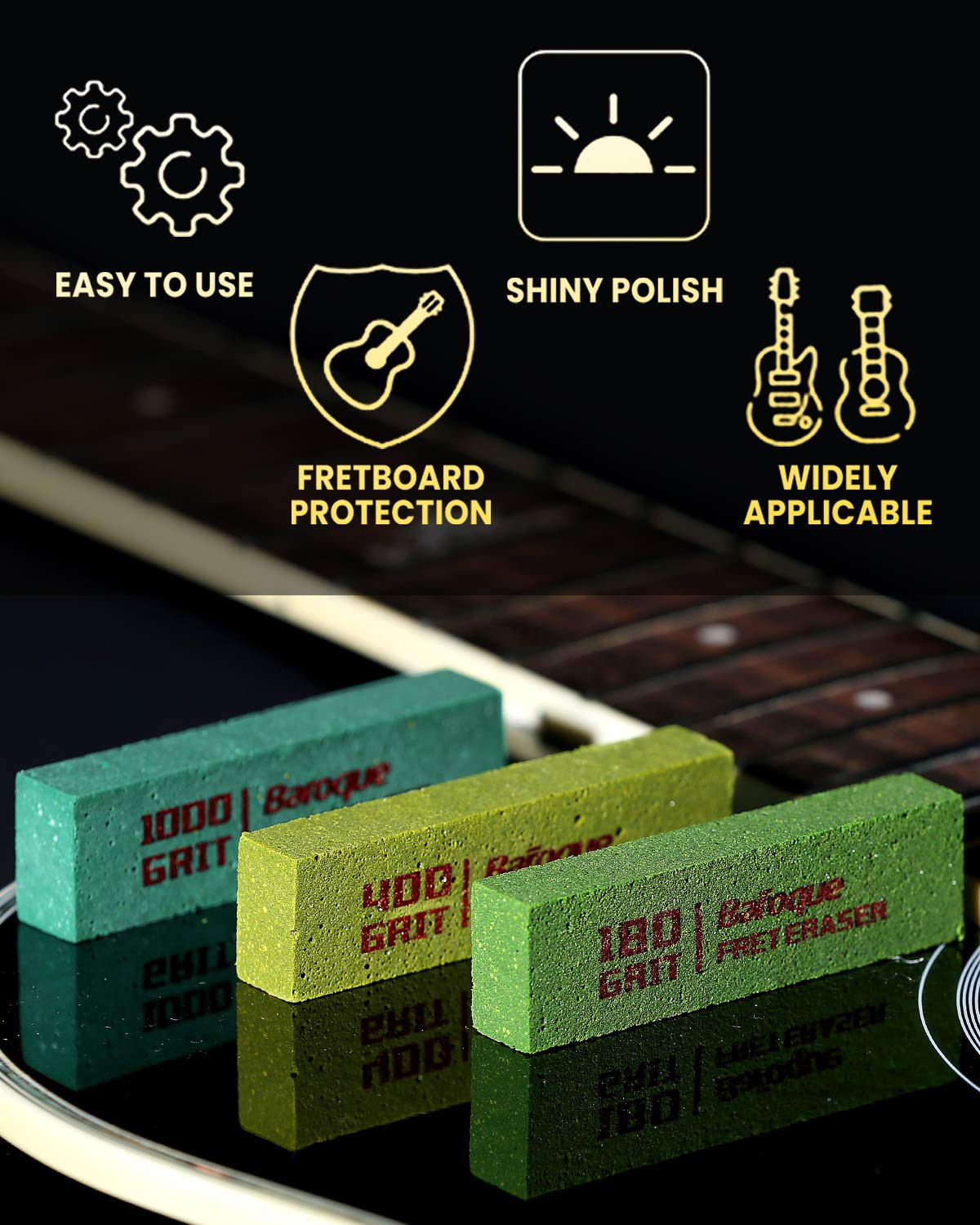 Baroque Fret Erasers for Guitar, Fret Polishing Cleaner, Frets Polish Tools Kit, Clean Fret Wire/String/Metal, Set of 3 (180& 400& 1000 Grit)