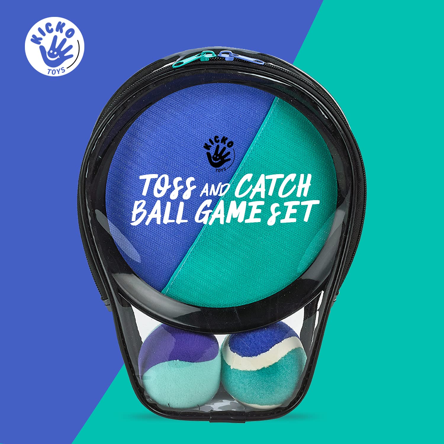 Kicko Toss and Catch Ball Game - 1 Set - Purple and Teal - Paddle Balls with Catcher Mitts, Hard and Soft Tennis Balls, and Travel Case - for Kids Indoor or Outdoor Team Sports, Backyard or Beach