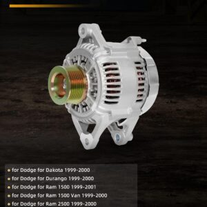 New Alternator Compatible With 1999-2000 For Dodge For Durango 1999-2001 For Dodge For Ram 1500 1999-2000 For Dodge For Ram 1500 Van High Output Alternator Replace 13824, AND0129, 113364