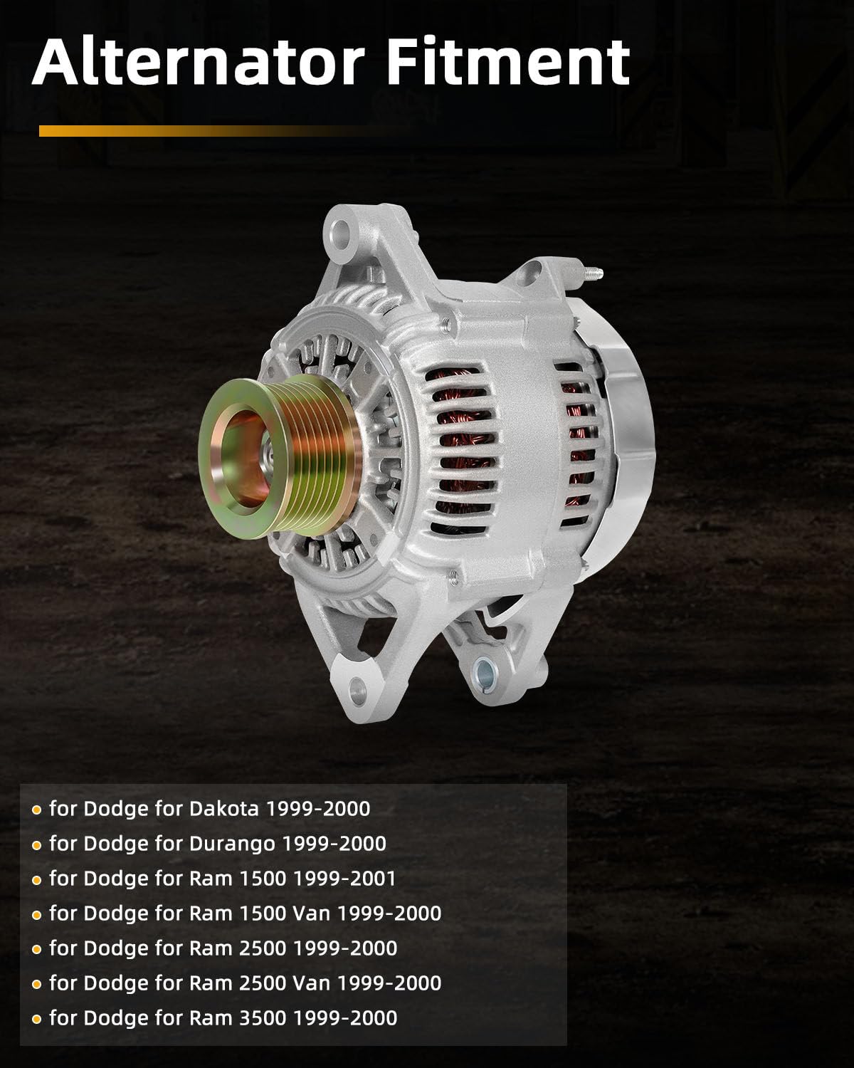 New Alternator Compatible With 1999-2000 For Dodge For Durango 1999-2001 For Dodge For Ram 1500 1999-2000 For Dodge For Ram 1500 Van High Output Alternator Replace 13824, AND0129, 113364