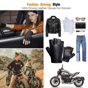 GSG Women's Driving Gloves Fingerless Leather Motorcycle Gloves Unlined Half Finger Black Medium