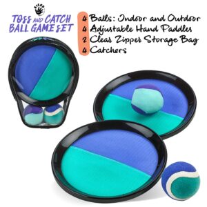 Kicko Toss and Catch Ball Game - 1 Set - Purple and Teal - Paddle Balls with Catcher Mitts, Hard and Soft Tennis Balls, and Travel Case - for Kids Indoor or Outdoor Team Sports, Backyard or Beach