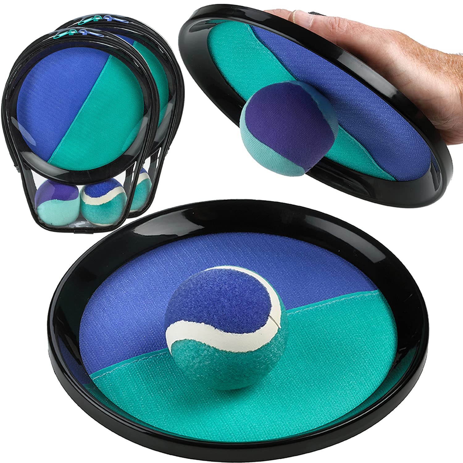 Kicko Toss and Catch Ball Game - 1 Set - Purple and Teal - Paddle Balls with Catcher Mitts, Hard and Soft Tennis Balls, and Travel Case - for Kids Indoor or Outdoor Team Sports, Backyard or Beach