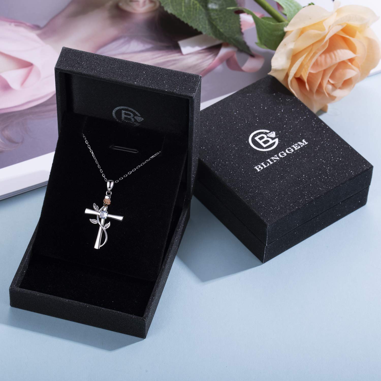 BlingGem Cross Necklaces for Women 925 Sterling Silver March Birthstone Pendant Necklaces for Women 5A Cubic Zirconia Anniversary Jewelry Birthday Mothers Gift for Women Mom Wife