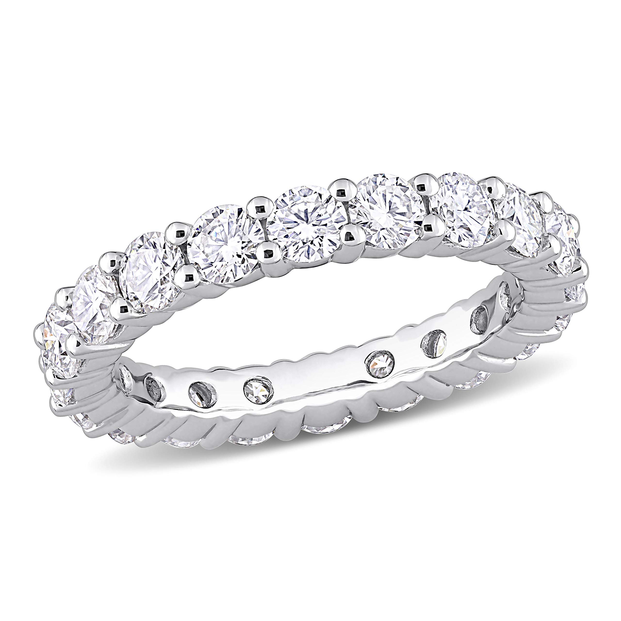 Abbie+Cleo Round Shape Created White Moissanite Gemstone Eternity Band Ring in Rhodium Flash Plated Sterling Silver, Size 6