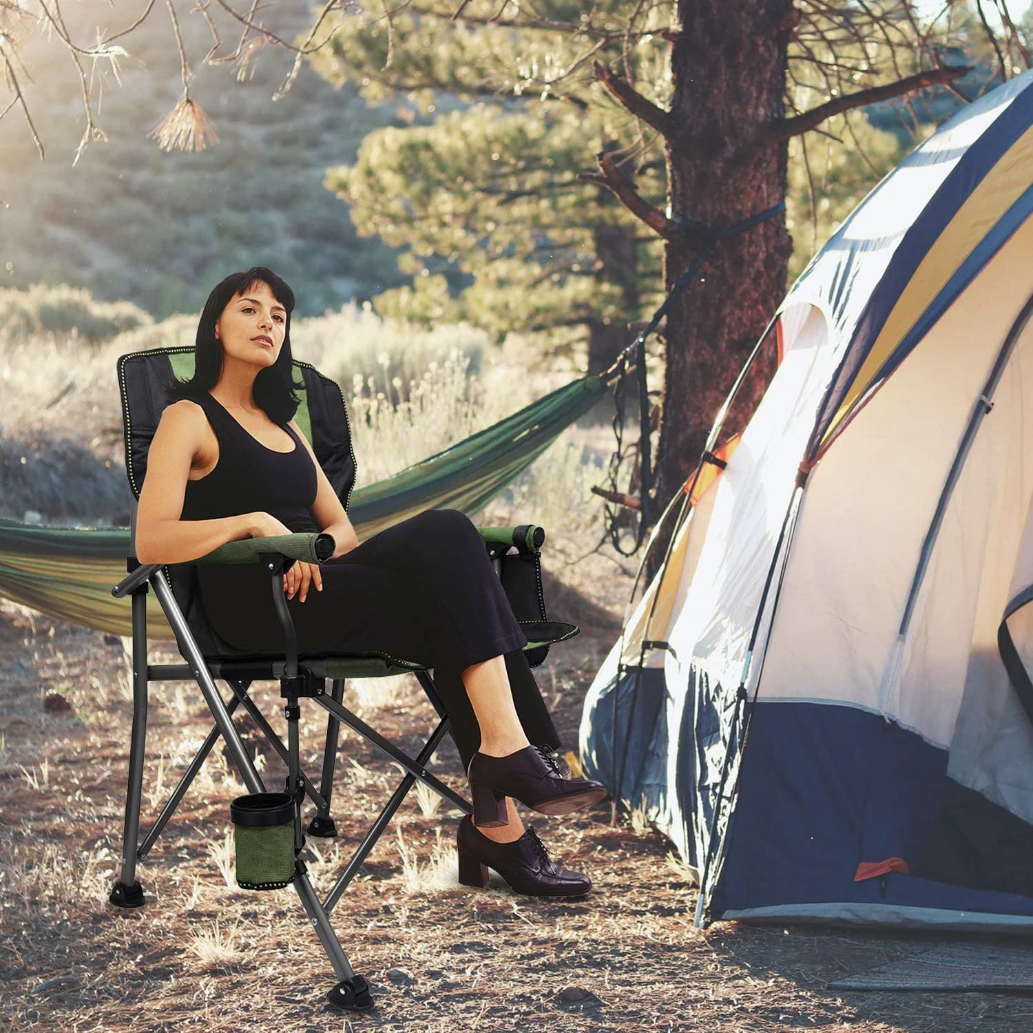 LEADALLWAY Camping Chairs for Heavy People Oversized Outdoor Chairs with Cup Holder and Storage Bag