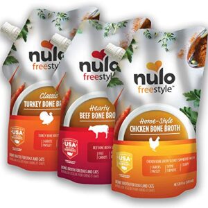 nulo freestyle bone broth, premium food topper for cats and dogs, with collagen and chondroitin sulfate to help boost the quality of your pet’s coat and skin, 20 fl oz (pack of 3)