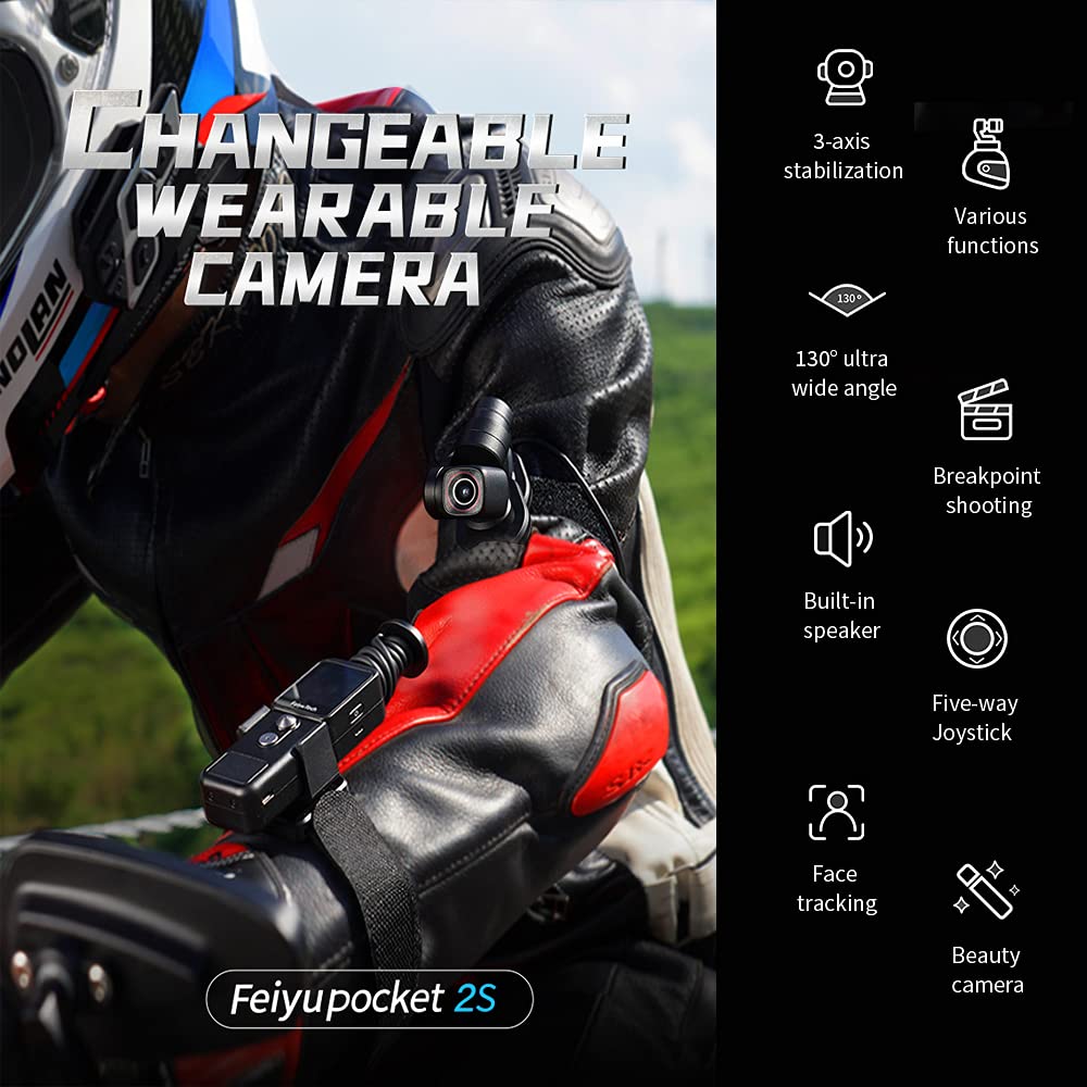 Feiyu Pocket 2S Gimbal Integrated Action Camera Handheld 3-axis Stabilizer 4K Video Record,Split-Designed for Motorcycle Car Pets,Magnetic Alloy Boby with Mic,130° Wide,YouTube TikTok Vlog,App