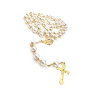 Rosary Beads Catholic for Women, First Holy Communion Rosary Gifts Catholic for Women, Gold White Rosary Necklace for Women Imitation Pearl Beads Necklace Rosarios Catolicos