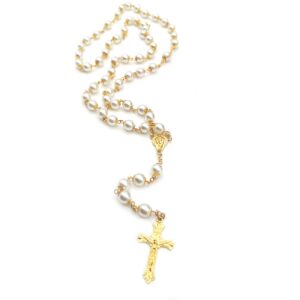 Rosary Beads Catholic for Women, First Holy Communion Rosary Gifts Catholic for Women, Gold White Rosary Necklace for Women Imitation Pearl Beads Necklace Rosarios Catolicos