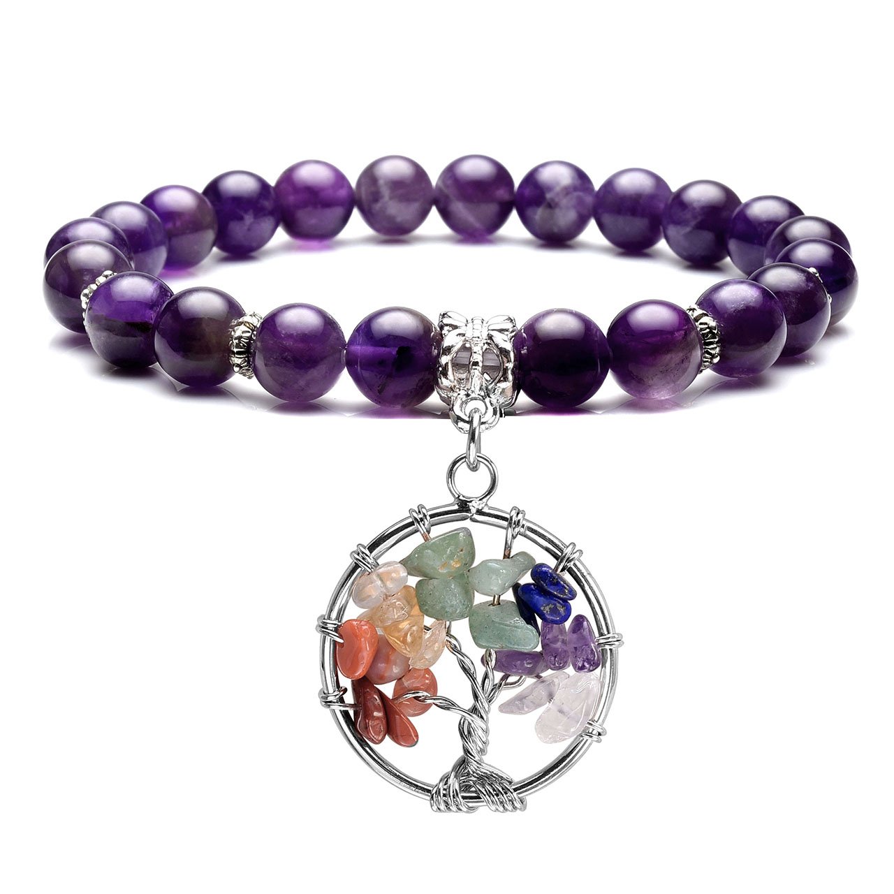 Top Plaza Amethyst Healing Crystals Beaded Bracelet 7 Chakra Yoga Meditation Stone Bracelets Life Tree Stretch Bracelet for Women