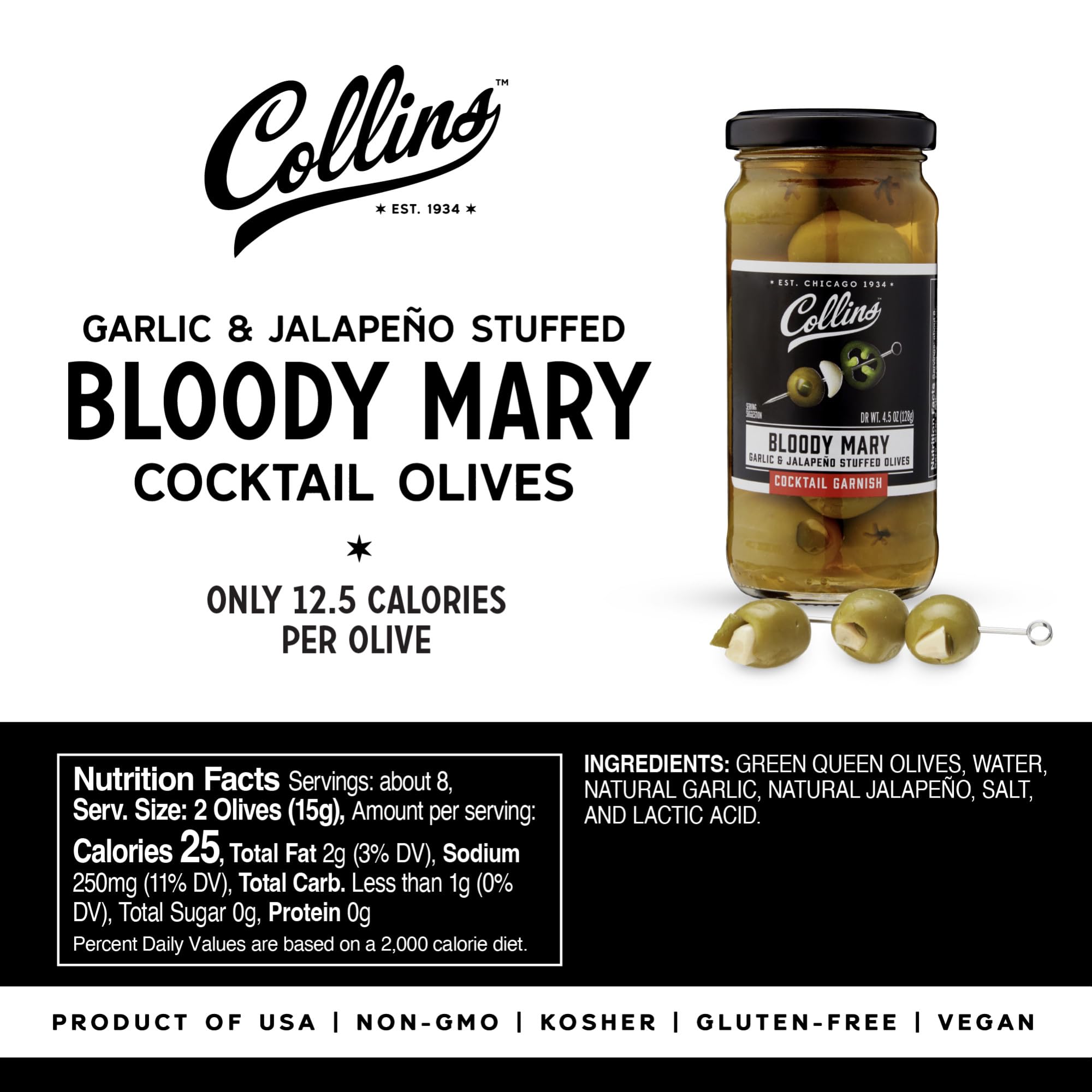 Collins Jalapeno Garlic Stuffed Cocktail Olives, Gourmet Martini Olive Cocktail Garnish, Dirty Martini Olives, Bloody Mary, Jalapeno Olives Garlic Olives 4.5oz