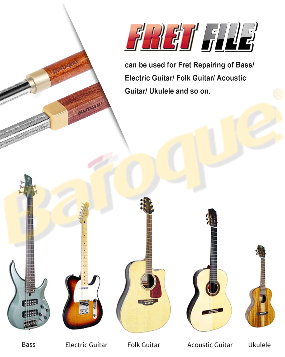 Baroque Fret Crowning Files Diamond, Guitar Fret Crown Dressing File, Fret Repairing Tools, Luthier Tools, Improved 3rd Generation, with 3 Sizes for Guitars, Ukuleles, Bass, Banjo, Mandolin