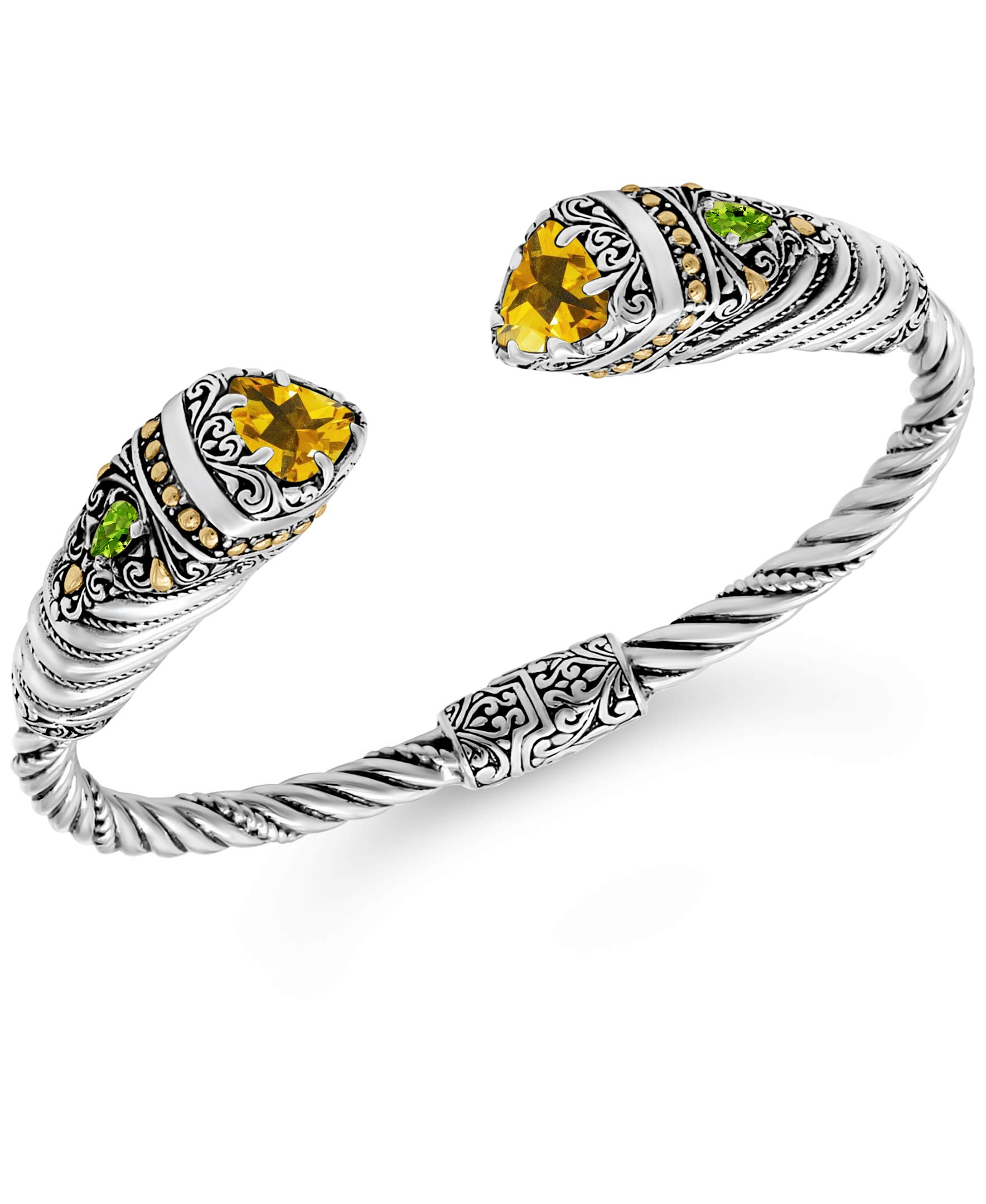 DEVATA Sterling Silver 925 and 18K Gold with Citrine and Peridot Bali Filigree Cuff Bracelet DHK3586CT (Size M)