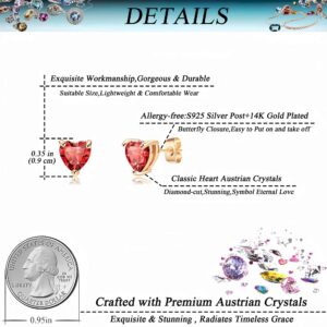 Heart Austrian Crystal Stud Earrings for Women Fashion 925 Sterling Silver Hypoallergenic Jewelry (Red)