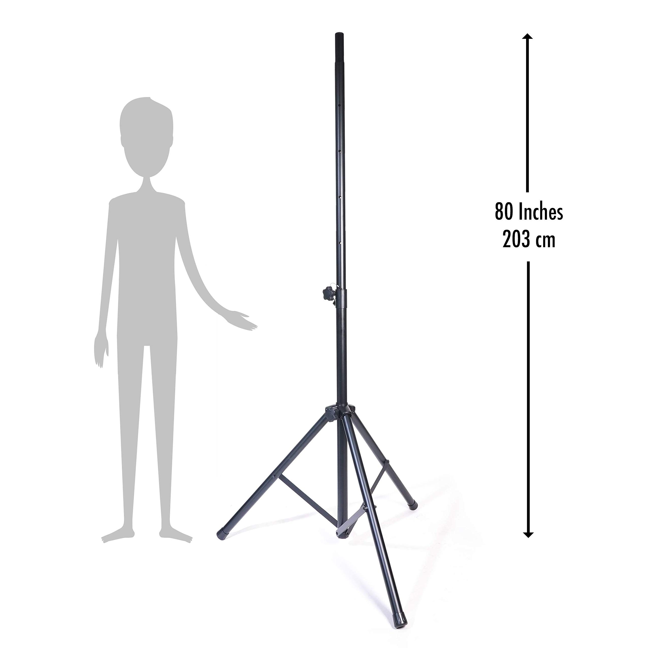 Universal Speaker Stand 6.65 ft DJ Mount PA Loudspeaker Holder Heavy Duty Tripod w/Adjustable Height from 46” to 80” Rated at 150 pounds Steel Insert Safety Pin Locking for Stability