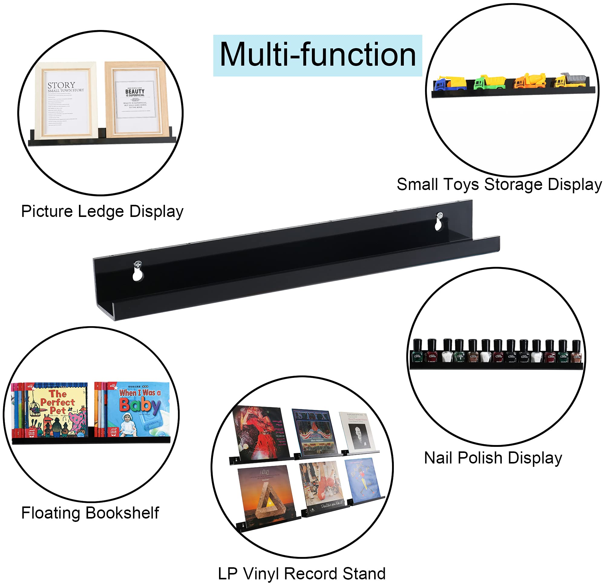 Sooyee 6 Pack Book Shelves,15 Inch Floating Shelf Display Shelf,Acrylic Shelves for Wall,Reading Nook,Funko Pop Display Case,Corner Floating Shelves Black