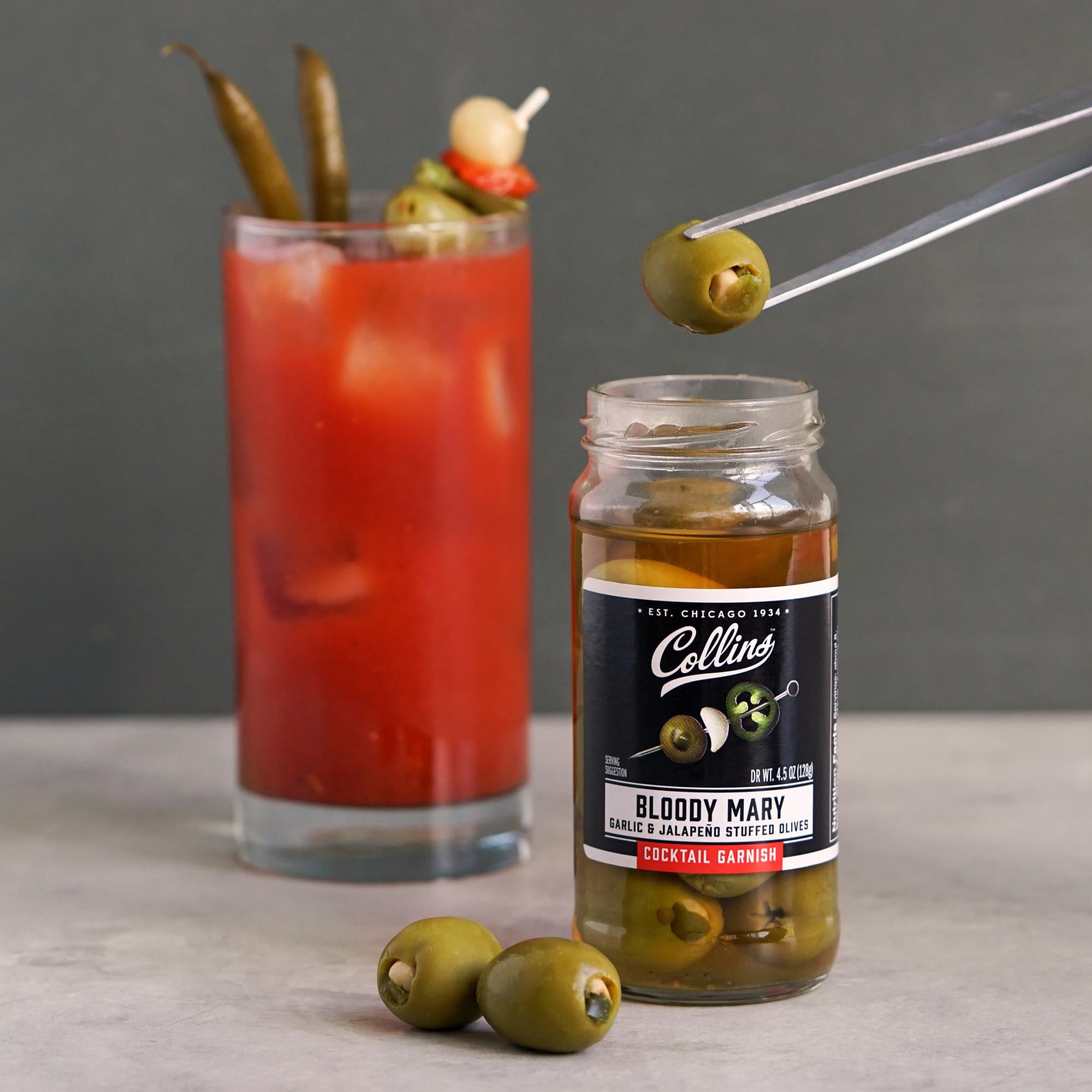 Collins Jalapeno Garlic Stuffed Cocktail Olives, Gourmet Martini Olive Cocktail Garnish, Dirty Martini Olives, Bloody Mary, Jalapeno Olives Garlic Olives 4.5oz