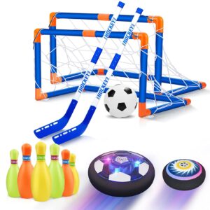 hover soccer ball set for kids, 4-in-1 hover hockey bowling set, rechargeable floating air soccer ball w/led lights for indoor outdoor sports game toys gifts for kids boys girls ages 3 4 5 6 7 8-12