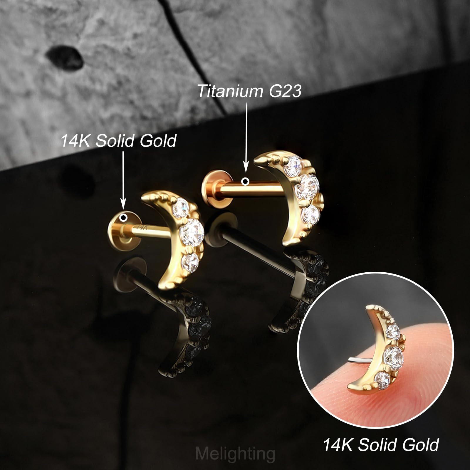 Melighting 14K Solid Gold Moon Earring, 16G Threadless Flat Back Earring with Titanium Post, CZ Stone, for Women