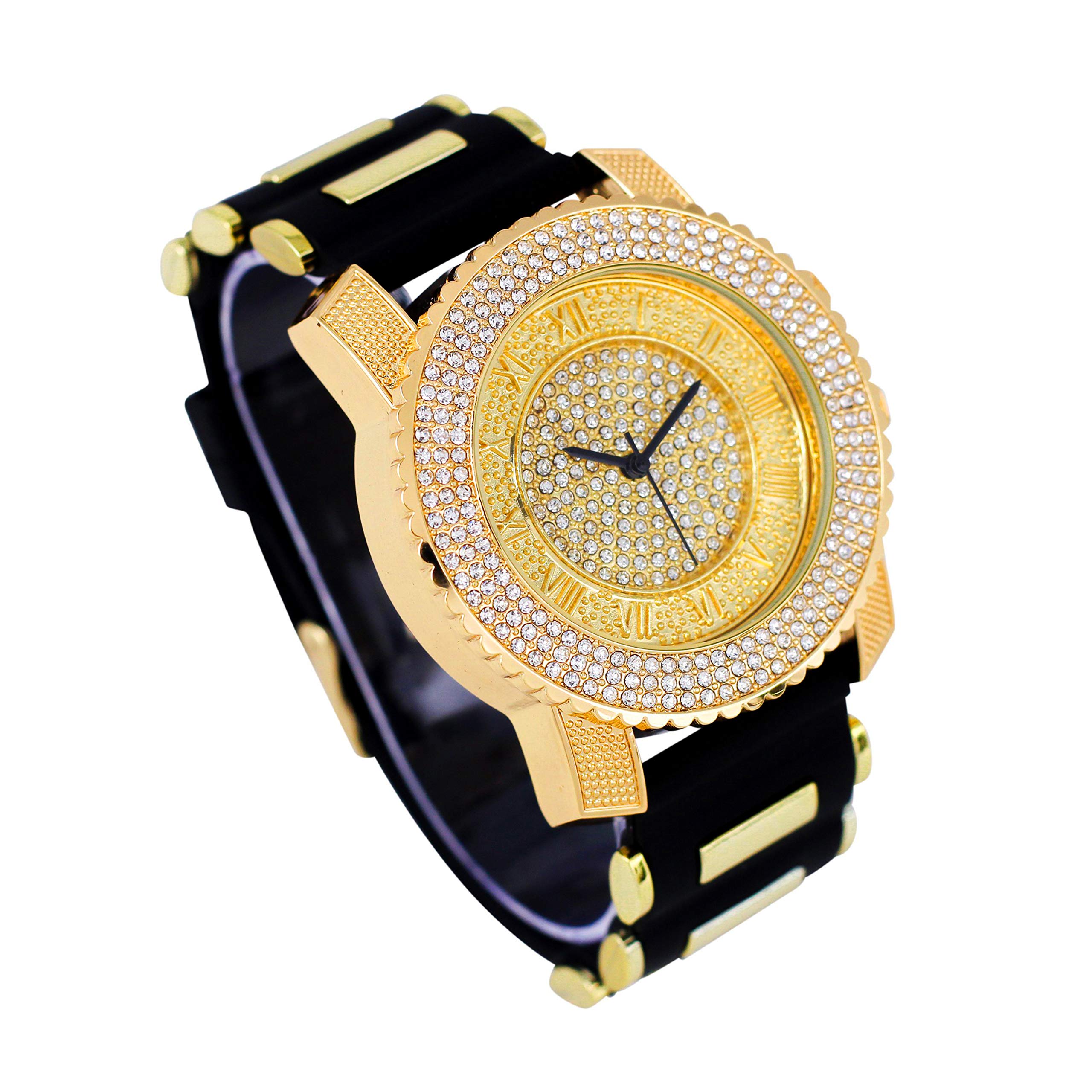 Techno Pave Men's 45mm Iced Out Roman Dial Watch with Silicone Band - Gold Dial