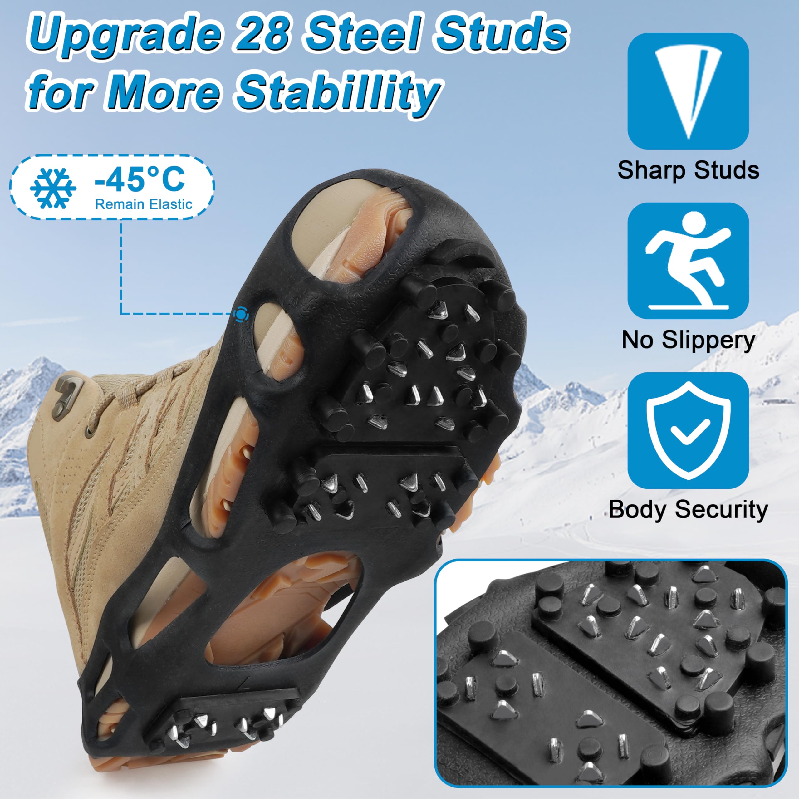 Ice Snow Traction Cleats Crampons Anti-Slip Snow Shoes Cleats Walking on Snow and Ice Winter Walking Boots Cleats for Men Women Hiking, Jogging (28 Steel Crampons,Szie L)